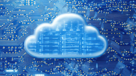 A D rendering of a cloud-shaped server floating above a circuit board, illustrating cloud infrastructure.の素材