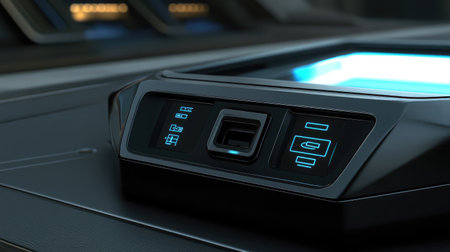 Close-up of an AR device's interface ports and connectivity options, emphasizing versatility.の素材