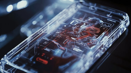 Close-up of a sleek, transparent smartphone displaying a holographic interface.の素材