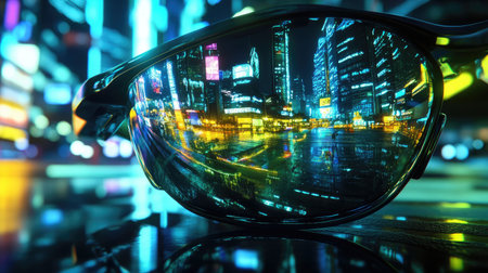 Close-up of AR glasses lenses reflecting a vibrant virtual world scene.の素材