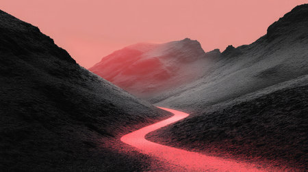 Abstract digital mountain range with dynamic weather effects and glowing pathways.の素材