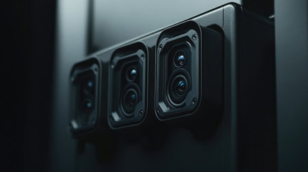 Close-up of an AR device's external sensors and cameras, showcasing advanced tracking technology.の素材