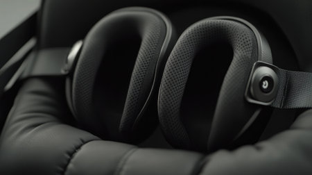 Close-up of a VR headset's adjustable straps and cushioning, highlighting ergonomic design.の素材