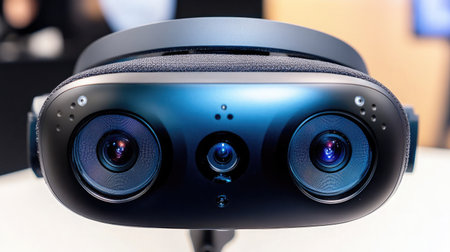 Close-up of a VR headset's external sensors and cameras, showcasing advanced tracking technology.の素材