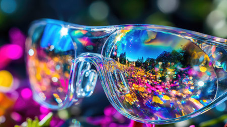Close-up of AR glasses lenses reflecting a vibrant virtual world scene.の素材