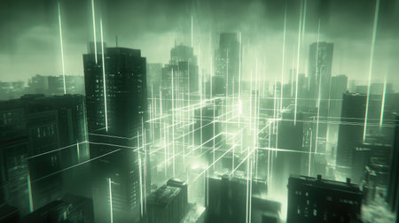 Futuristic cityscape with data streams flowing between buildings, indicating urban data flow.の素材