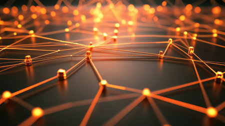 Abstract D rendering of a blockchain network with interconnected glowing blocks, symbolizing decentralized innovation.の素材