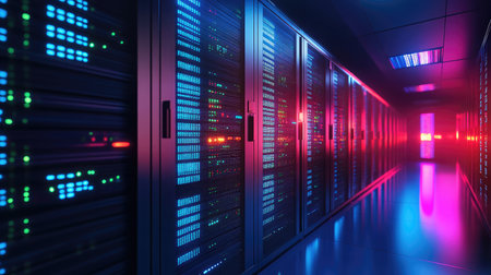 Abstract D rendering of a futuristic data center with glowing quantum processors.の素材