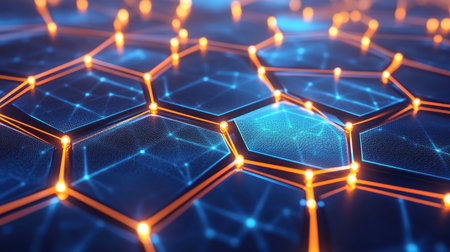 Abstract D rendering of a blockchain network with interconnected glowing blocks, symbolizing decentralized innovation.の素材
