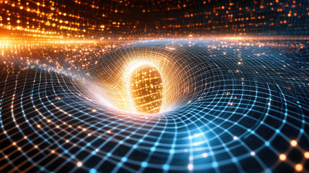 Abstract D rendering of a quantum phase transition with changing energy landscapes and particle configurations.の素材