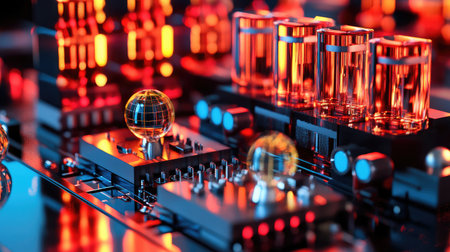 Abstract D rendering of a quantum computer with entangled particles and energy fields.の素材