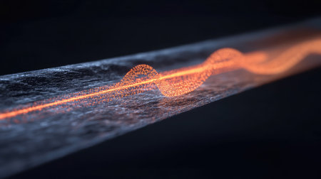 Abstract D rendering of a quantum teleportation process with entangled particles and energy transfer.の素材