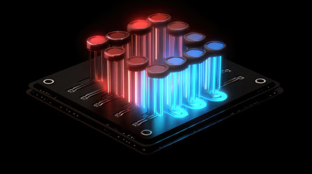 Abstract D rendering of a quantum processor with entangled particles and energy fields, symbolizing quantum computing power.の素材