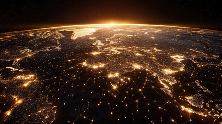 Abstract representation of a global digital network with interconnected data nodes.の素材