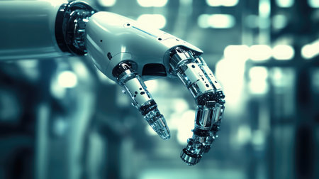 Advanced robotic arm assembling intricate components with precision in a factory setting.の素材