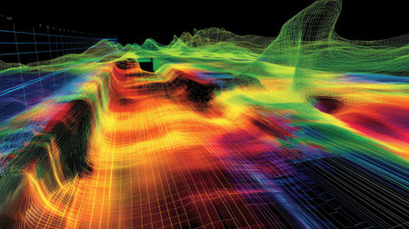 Abstract representation of a quantum wave function with probability clouds and energy levels.の素材