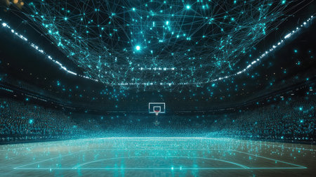 A futuristic sports arena with AI-driven analytics enhancing player performance and audience engagement.の素材