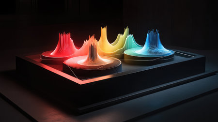 Abstract representation of a quantum measurement process with collapsing wave functions and probability distributions.の素材