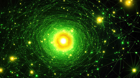 Abstract representation of a quantum lattice with interconnected nodes and energy fields, symbolizing quantum networks.の素材