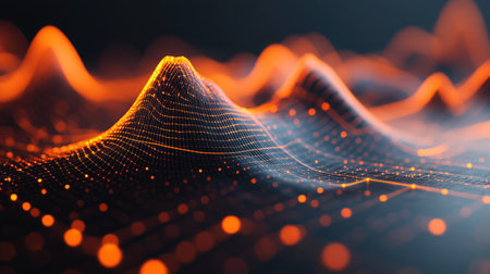 Abstract representation of a quantum measurement process with collapsing wave functions and probability distributions.の素材