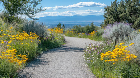 A gravel path leading up a gentle slope, flanked by vibrant wildflowers and offering views of distant mountains.の素材