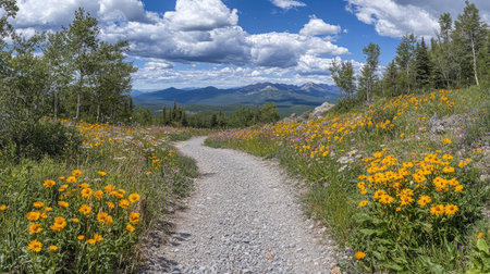 A gravel path leading up a gentle slope, flanked by vibrant wildflowers and offering views of distant mountains.の素材