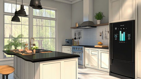 A smart kitchen equipped with AI-powered appliances and devices, enhancing cooking efficiency and creativity.の素材