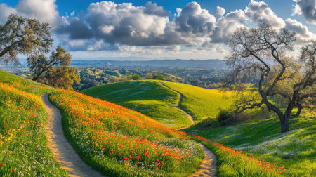 A grassy trail winding up a rolling hillside, dotted with colorful wildflowers under a partly cloudy sky.の素材