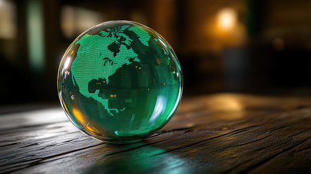 Close-up of a holographic globe displaying real-time environmental data analytics, illustrating innovations in climate monitoring.の素材