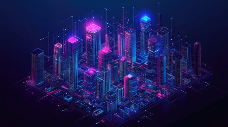 A smart city control room with AI systems monitoring and managing urban infrastructure and services.の素材