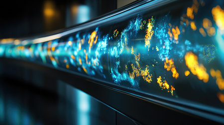 Close-up of a flexible, transparent display screen showing dynamic content.の素材