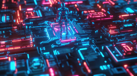 A cybersecurity interface displaying AI-driven threat detection and prevention measures in a network system.の素材