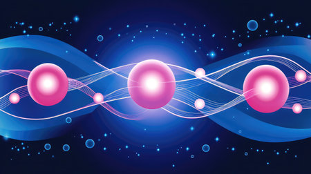 Abstract representation of quantum entanglement with interconnected particles and energy waves.の素材
