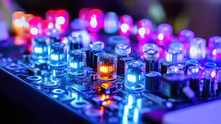 Close-up of a futuristic quantum chip with glowing circuits and qubits, representing advanced quantum technology.の素材