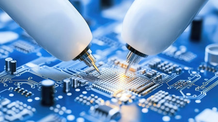 Close-up of a nanobot assembling microscopic components on a circuit board.の素材