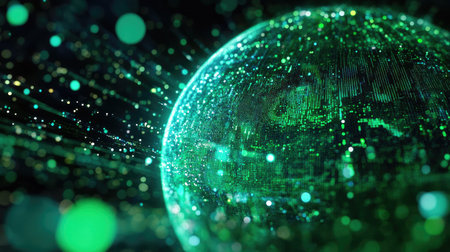 Close-up of a holographic globe displaying real-time environmental data analytics, illustrating innovations in climate monitoring.の素材