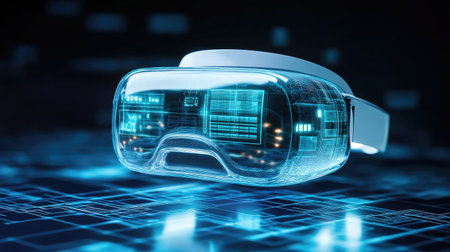 Close-up of a neural interface device connecting to a virtual reality environment, illustrating advancements in human-computer interaction.の素材