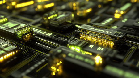Close-up of a quantum entanglement experiment setup with lasers, mirrors, and detectors, representing foundational quantum research.の素材