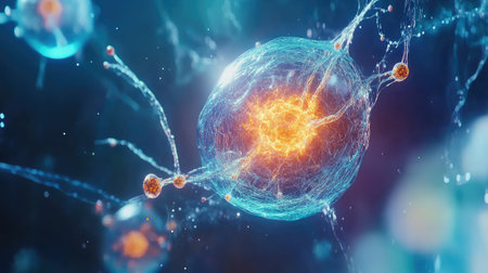 Close-up of a quantum dot with nanoscale structures and glowing elements, representing advanced nanotechnology.の素材