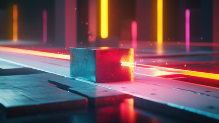 Close-up of a quantum optics experiment with entangled photons and beam splitters, representing advanced light manipulation techniques.の素材