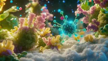 Close-up of a quantum dot with nanoscale structures and glowing elements, representing advanced nanotechnology.の素材