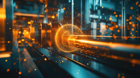 Close-up of a quantum optics experiment with entangled photons and beam splitters, representing advanced light manipulation techniques.の素材