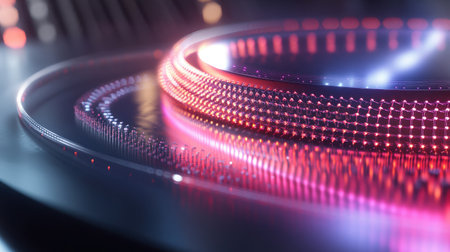 Close-up of a quantum optics experiment with entangled photons and beam splitters, representing advanced light manipulation techniques.の素材