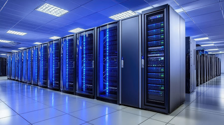 Futuristic data center with quantum computers and glowing connections, representing advanced computational power.の素材