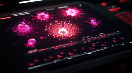 Futuristic interface displaying quantum algorithms and complex data visualizations, representing quantum computing applications.の素材