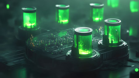 Futuristic energy facility harnessing fusion power with glowing plasma reactors.の素材