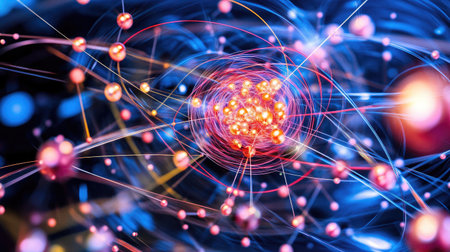 Close-up of a quantum spin system with entangled particles and magnetic fields, representing advanced quantum mechanics concepts.の素材