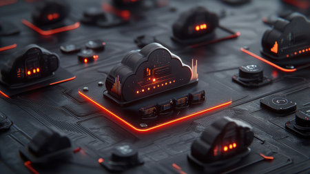 Futuristic quantum computing cloud infrastructure with interconnected nodes and glowing data streams, symbolizing distributed computing.の素材