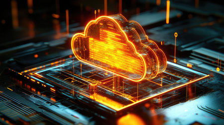 Futuristic quantum computing cloud infrastructure with interconnected nodes and glowing data streams, symbolizing distributed computing.の素材