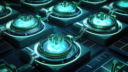 Futuristic energy facility with glowing fusion reactors and advanced solar panels, depicting renewable energy innovation.の素材